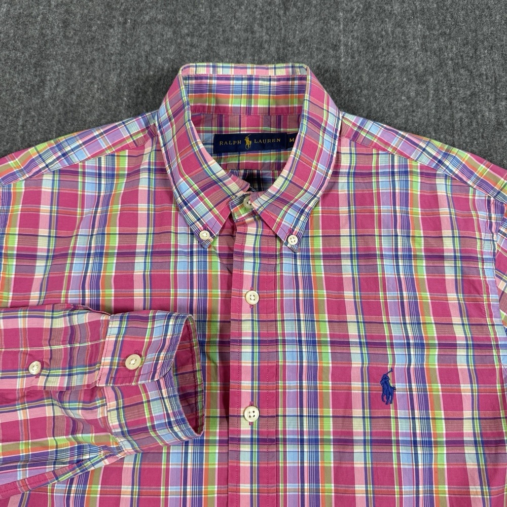 Ralph Lauren Shirt Mens M Pink Plaid 100% Cotton Button Down Pony Long Sleeve